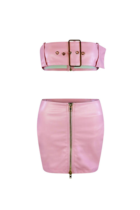 Angel Pink PU Belted Top & Skirt SET